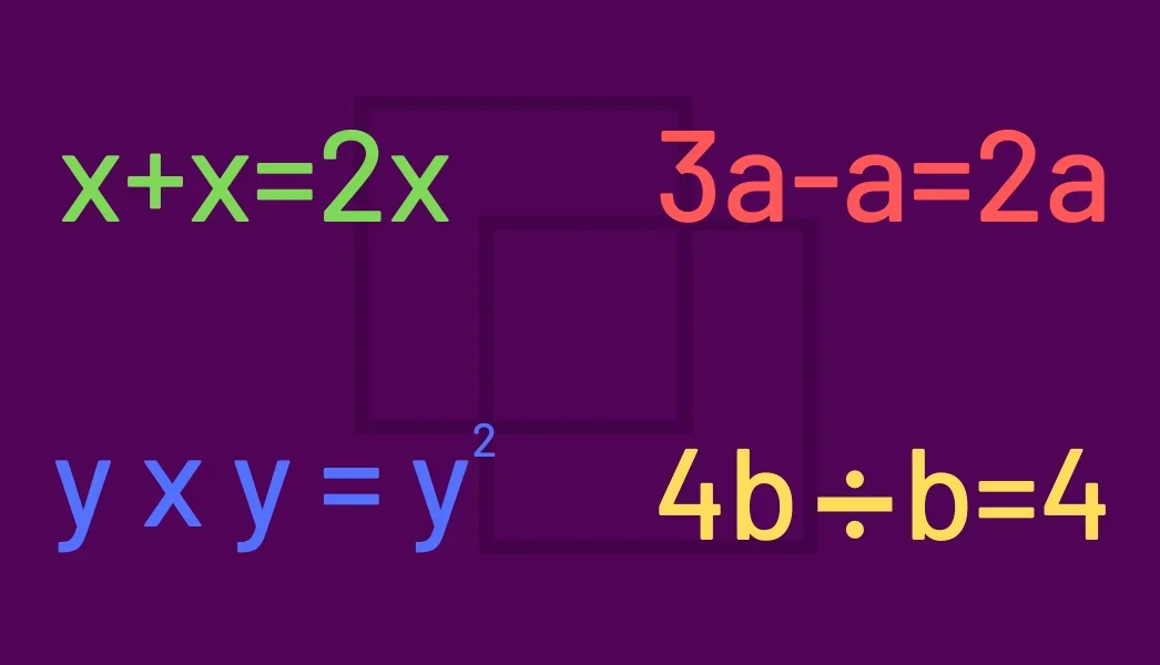 Four examples of basic operations on variables: x + x = 2x, 3a − a = 2a, y × y = y squared, 4b ÷ b = 4