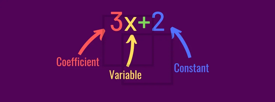 The expression 3x + 2 labelled: 3 is the coefficient, x is the variable, 2 is the constant