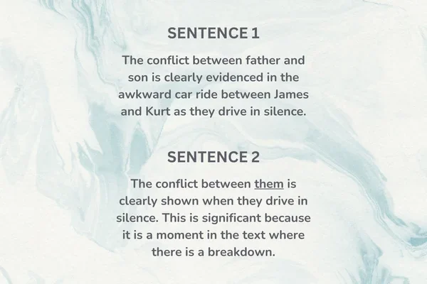 Sentence 1: The conflict between father and son is clearly evidenced in the awkward car ride between James and Kurt as they drive home in silence. Sentence 2: The conflict between them is clearly shown when they drive in silence. This is significant because it is a moment in the text where there is a breakdown. The word 'them' is underlined to show the vagueness.