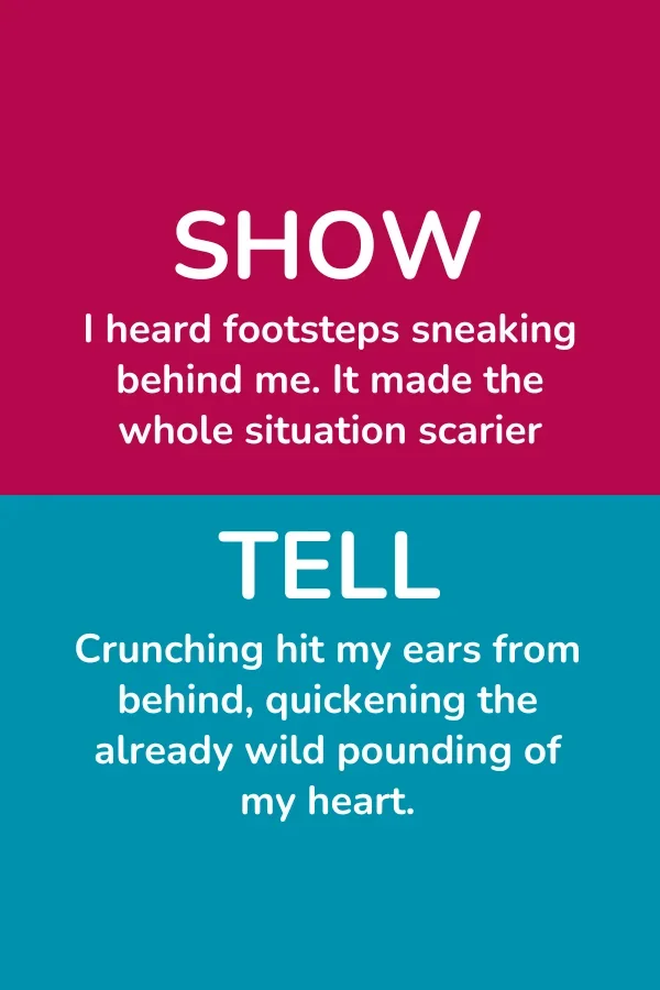 Two example sentences. The first, labelled SHOW: 'I heard footsteps sneaking behind me. It made the whole situation scarier.' The second, labelled TELL: 'Crunching hit my ears from behind, quickening the already wild pounding of my heart.'