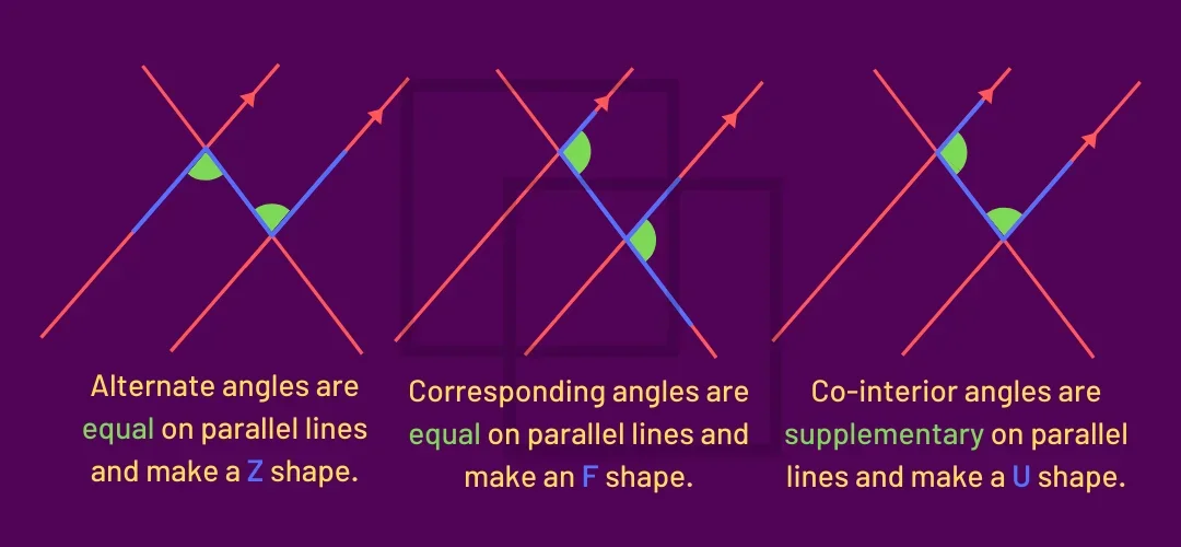 Three diagrams of a transversal crossing parallel lines: alternate angles are equal on parallel lines and make a Z shape; corresponding angles are equal on parallel lines and make an F shape; co-interior angles are supplementary on parallel lines and make a U shape